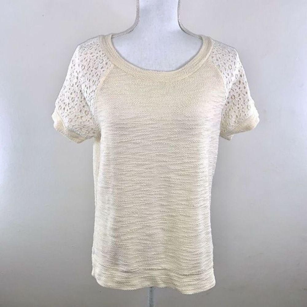 LOU & GREY Cream Lace Terrycloth Top Size S Raglan Short Sleeve T-Shirt Blouse